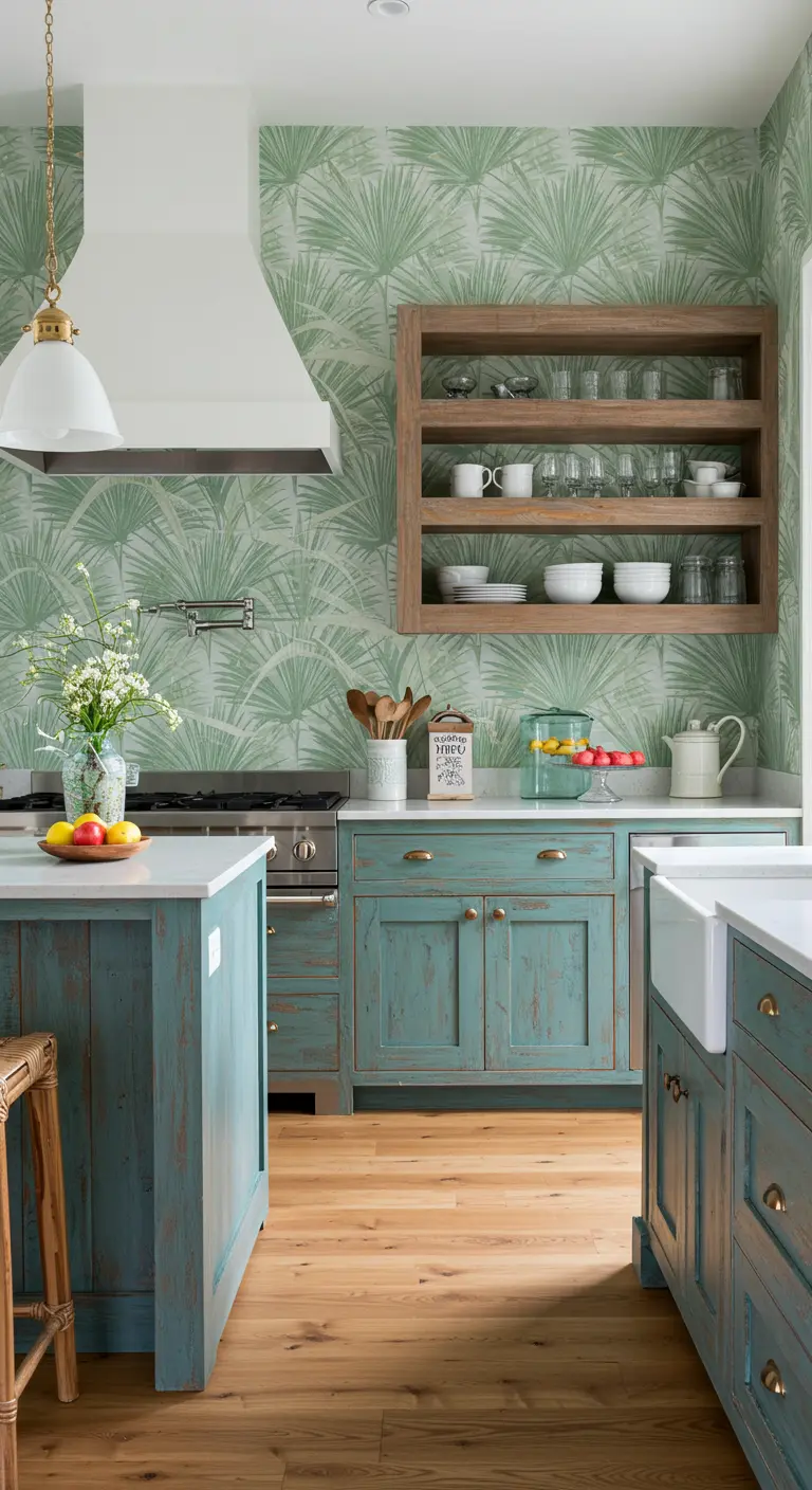 Kitchen with distressed blue-green cabinets, palm wallpaper, and a rustic wood shelf unit.