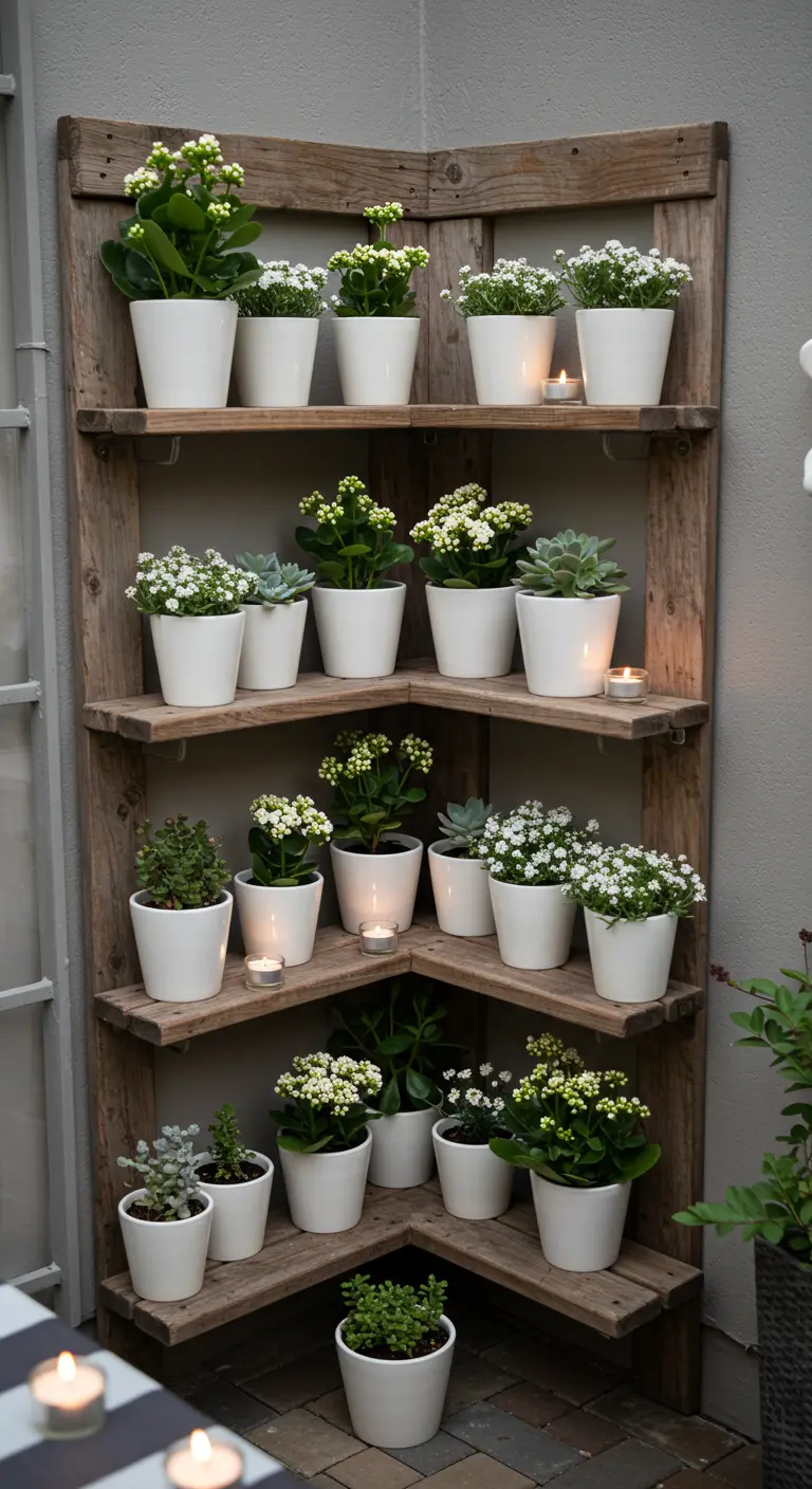 A rustic wooden corner shelf holding a collection of plants in matching white ceramic pots.