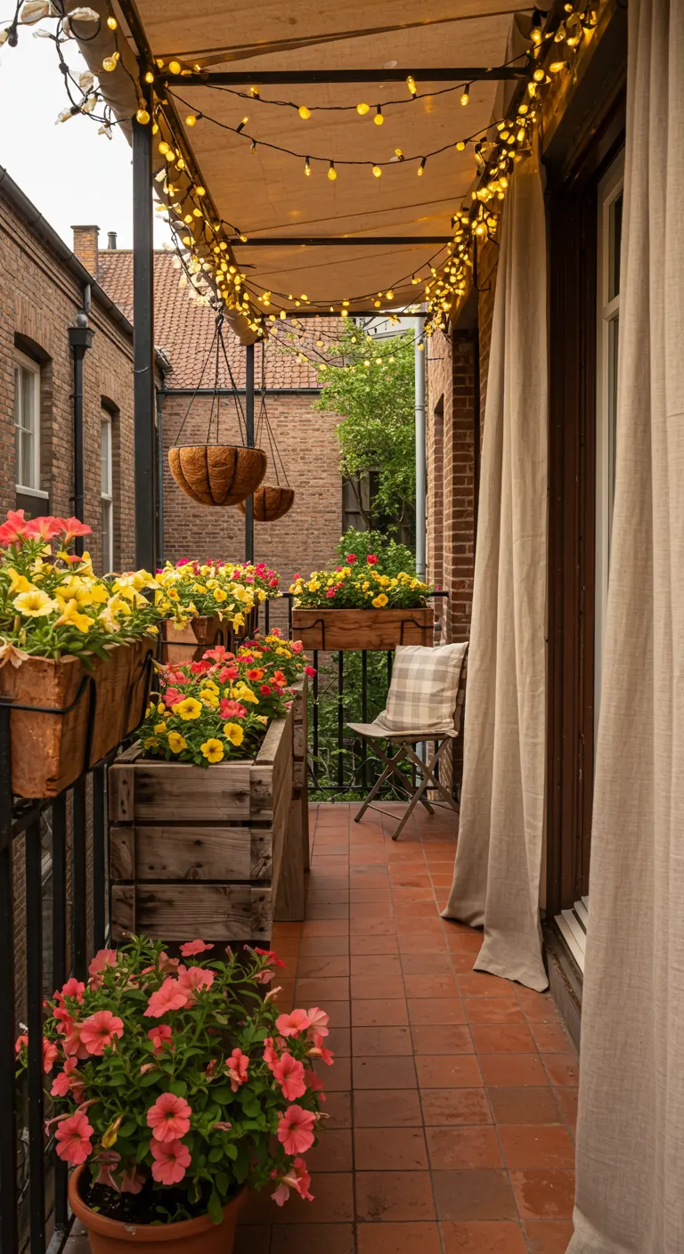 Rustic balcony with wooden crate planters, a fabric canopy with lights, and colorful petunias.