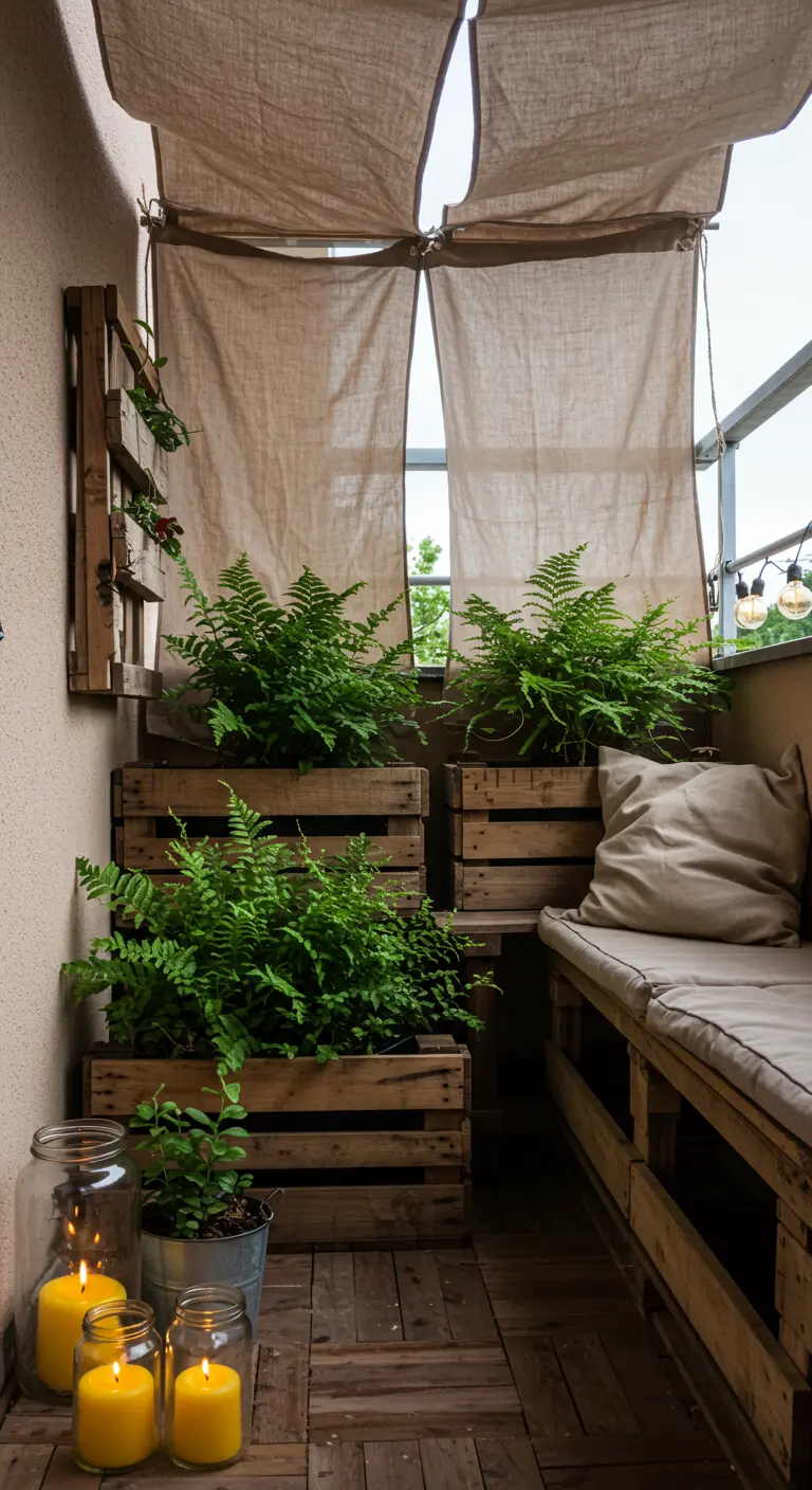 Rustic balcony with a bench made of wooden crates and ferns in crate planters.