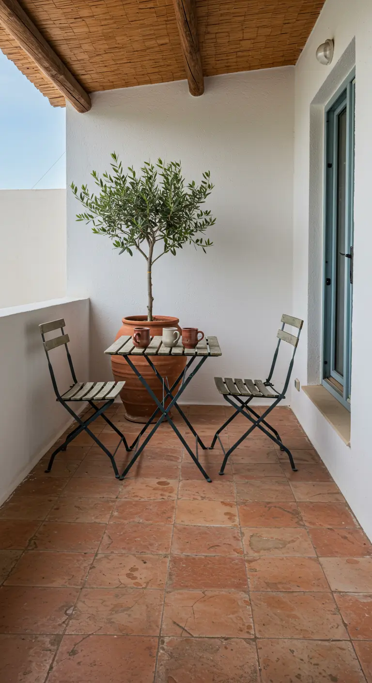 A simple white balcony with a terracotta-potted olive tree and a rustic wood beam ceiling.