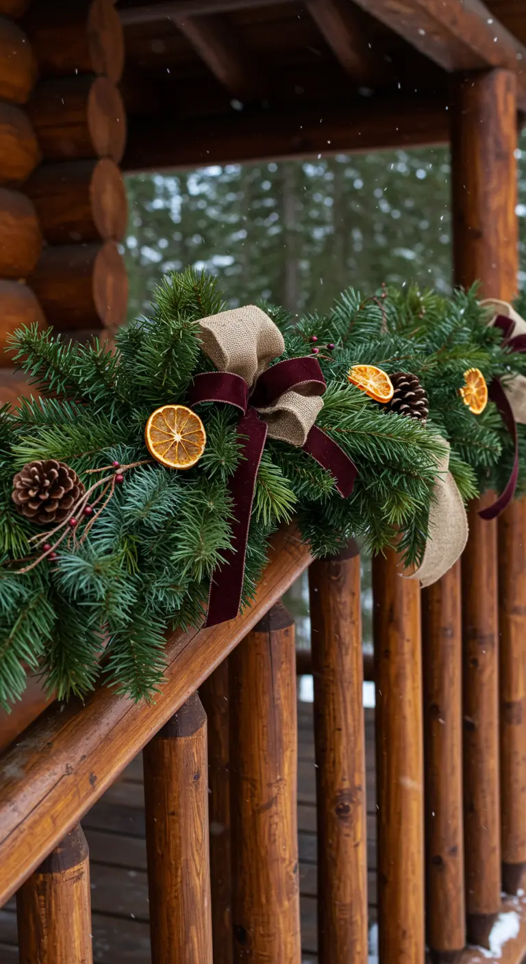 Log railing decorated with lush pine garland, dried orange slices, pinecones, and burlap ribbons.
