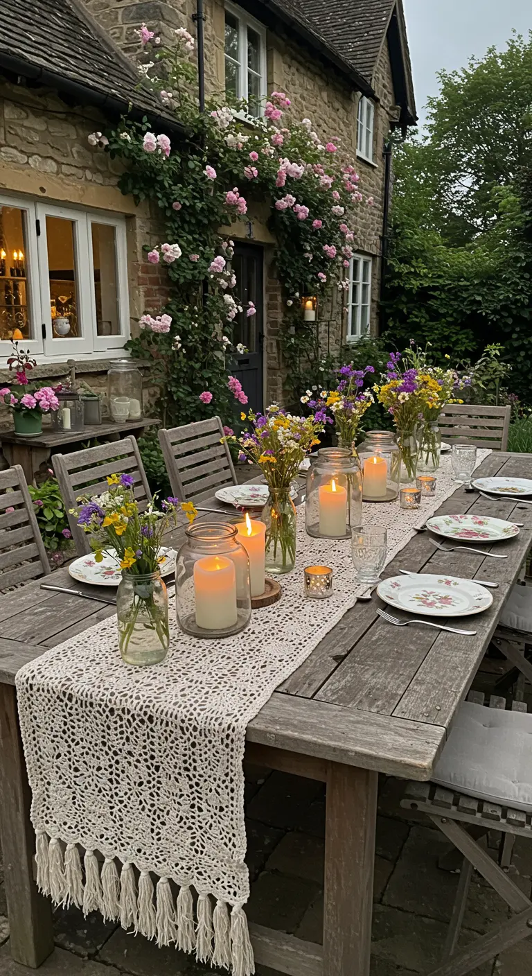 A rustic wooden patio table with a cream crochet runner, candles in glass jars, and wildflowers.