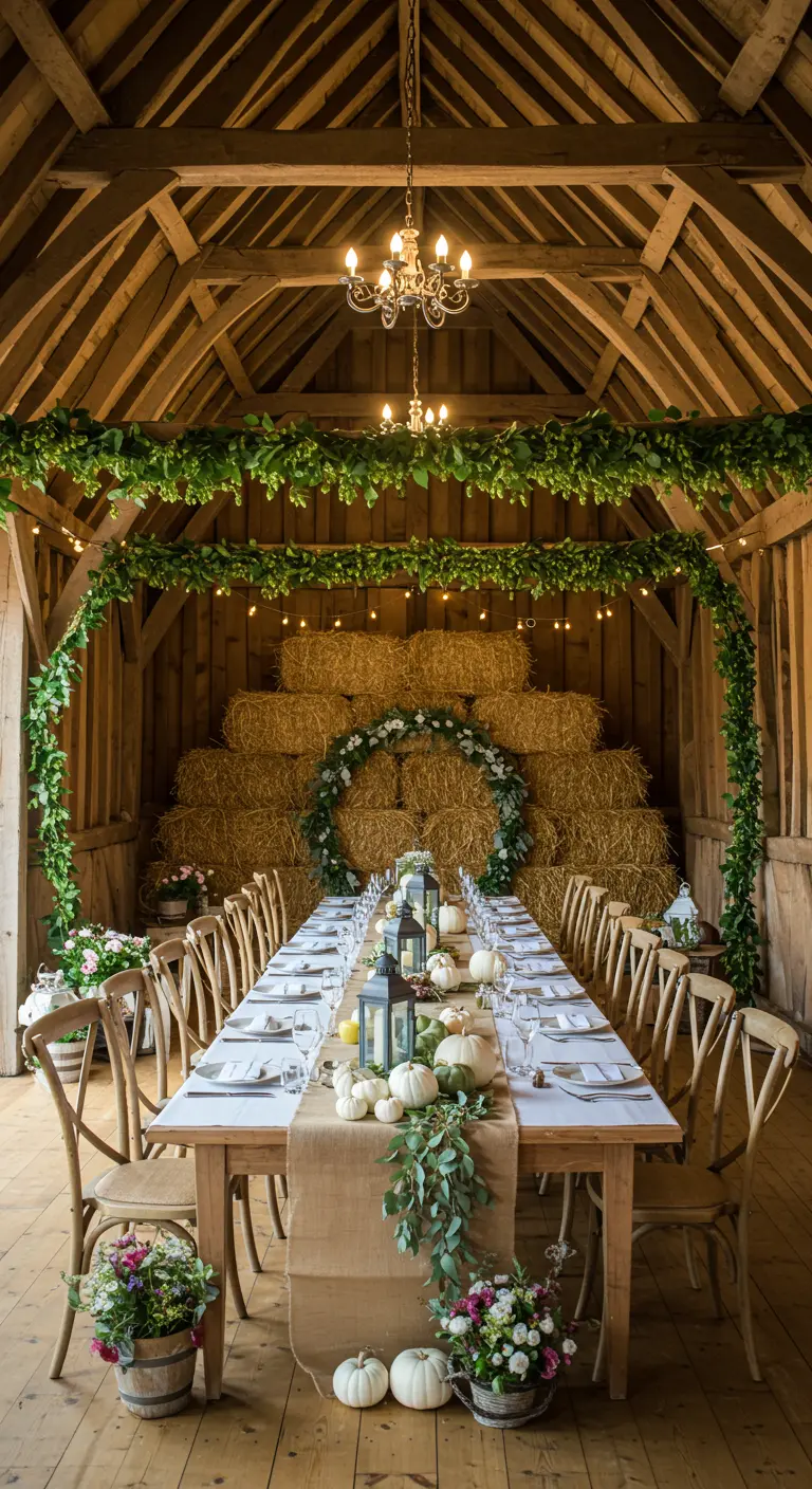 A long dining table in a rustic barn decorated with hop garlands and white pumpkins.