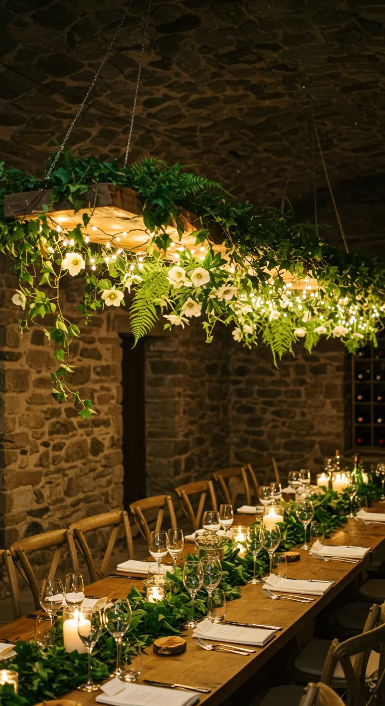 A rustic wooden beam wrapped in fairy lights, greenery, and white flowers over a dining table.