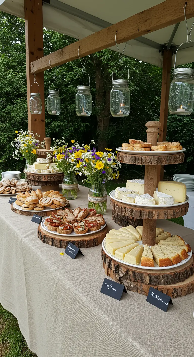 A buffet table with cheese and bread on tiered log slice stands and wildflower bouquets.