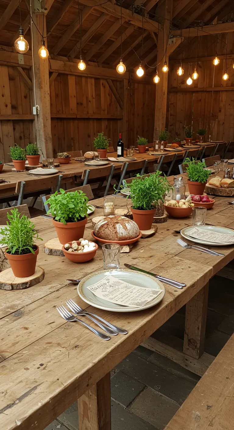 Long rustic table in a barn with potted herbs on wood slice centerpieces.