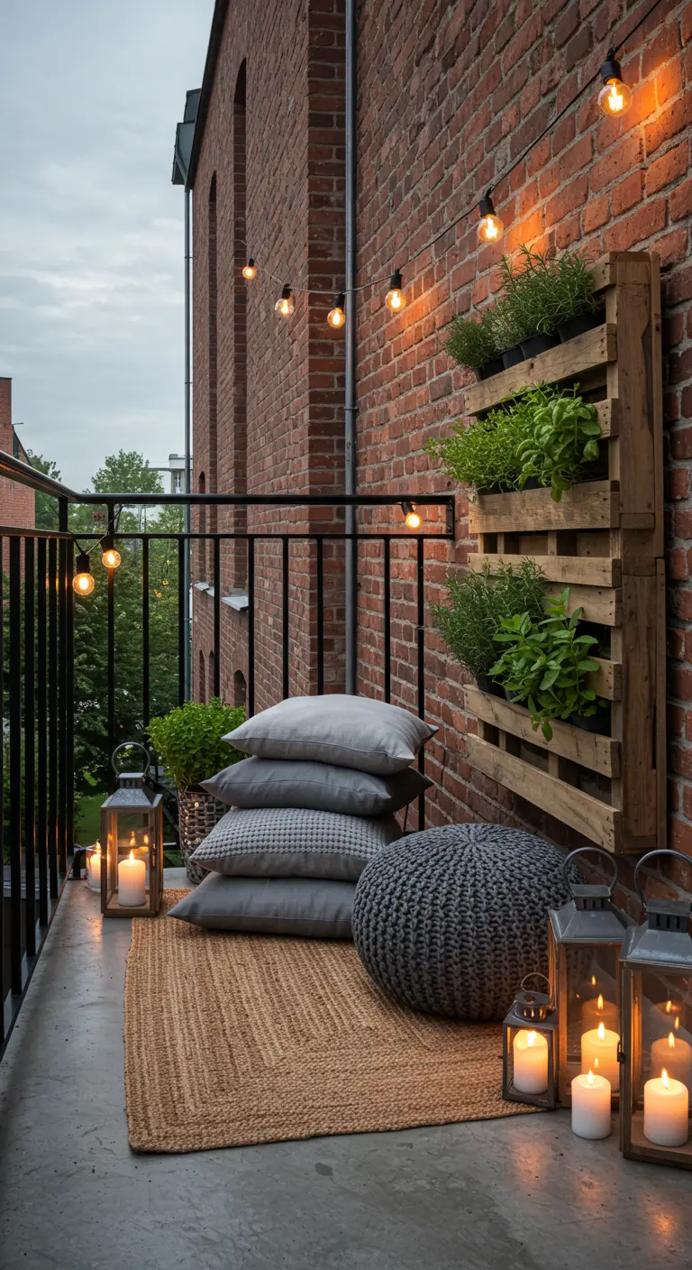 A balcony with a brick wall, a pallet herb garden, a jute rug, and candle-filled lanterns.