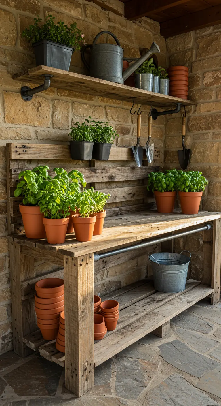Rustic pallet potting bench with terracotta pots of herbs and industrial pipe shelves against a stone wall.