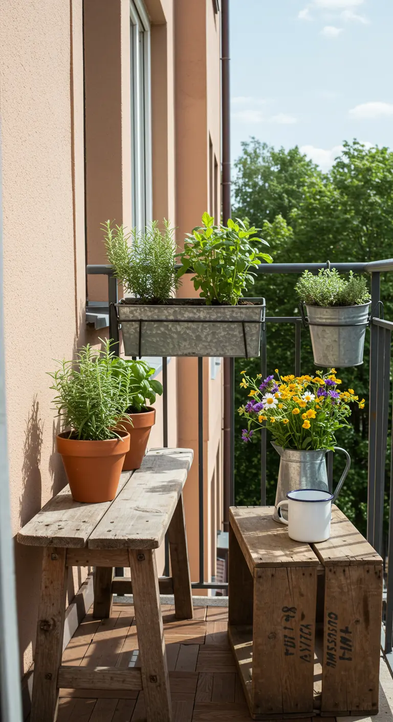 A small balcony with herbs in terracotta and galvanized pots on benches and railing planters.