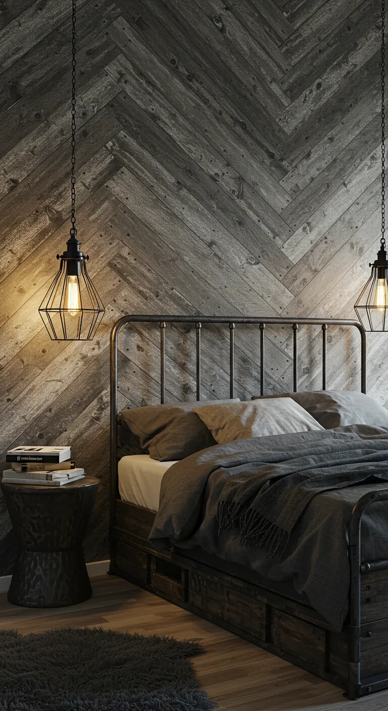 Industrial-rustic bedroom with a gray herringbone wood wall and black cage pendant lights.