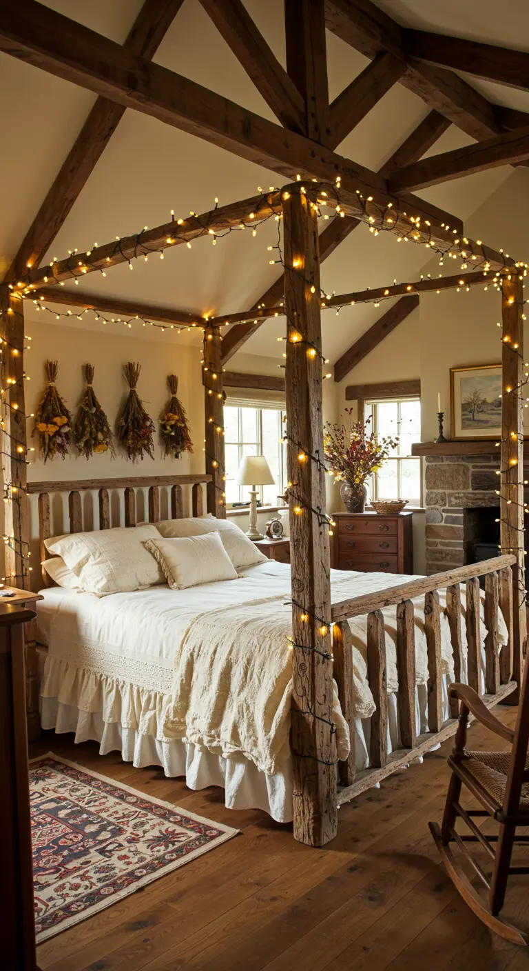 Rustic four-poster bed made of logs, wrapped in fairy lights.
