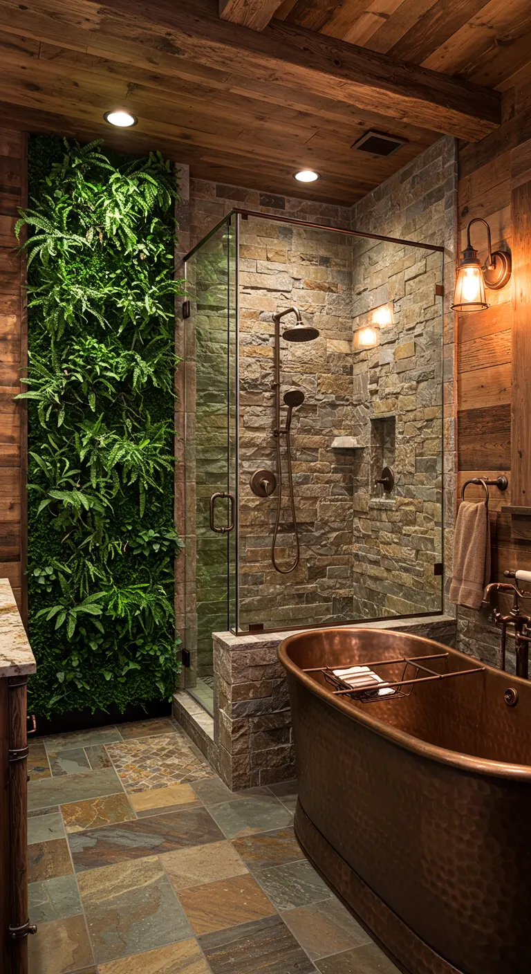 Rustic bathroom with wood walls, stone shower, copper tub, and a vertical garden.
