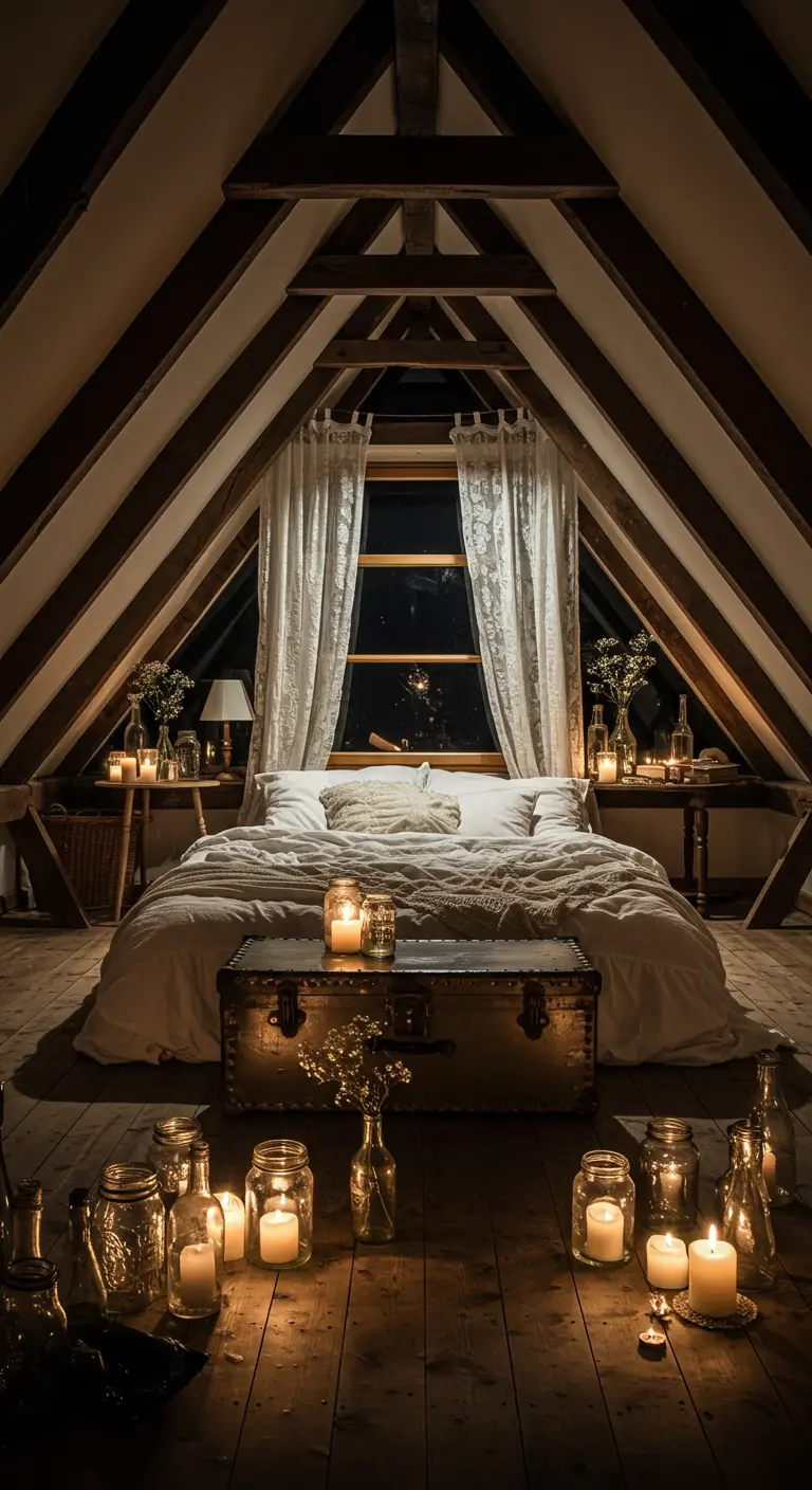 A-frame attic bedroom with exposed beams, filled with candles in jars.