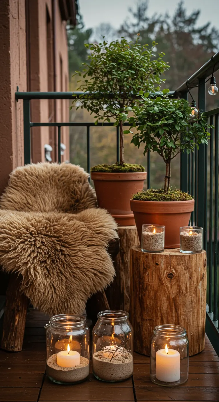 A rustic balcony with log stumps as tables, candles in jars, and a shaggy sheepskin.