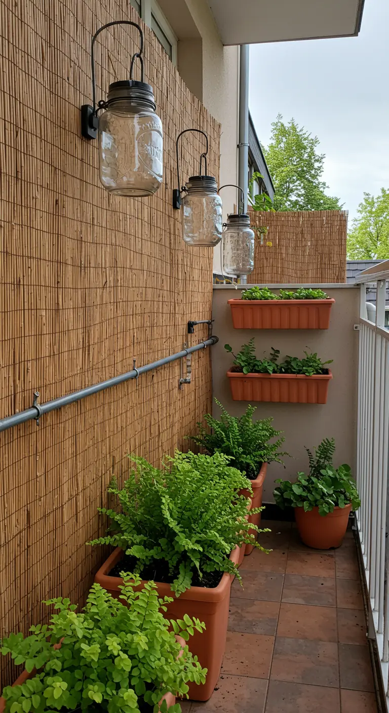 A narrow balcony with ferns in terracotta planters and a row of mason jar wall lanterns.