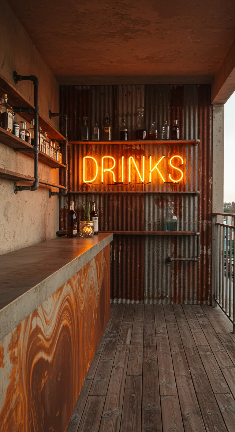 Industrial balcony bar with a corrugated metal wall and a rust-patina bar front.