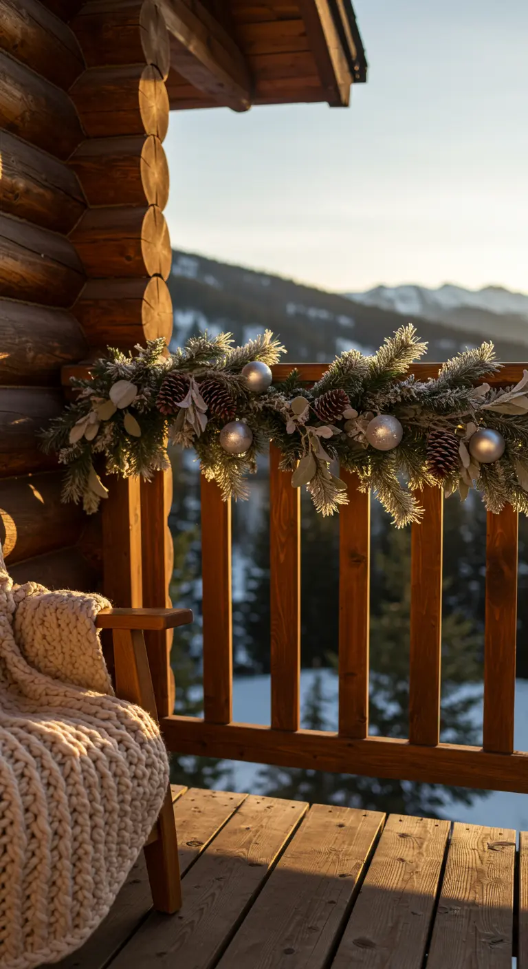 A snow-dusted garland with silver balls on a rustic wooden balcony railing at sunrise.