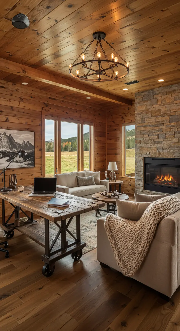A rustic wood-paneled room with a large wooden desk on casters and a cozy lounge area by a fireplace.
