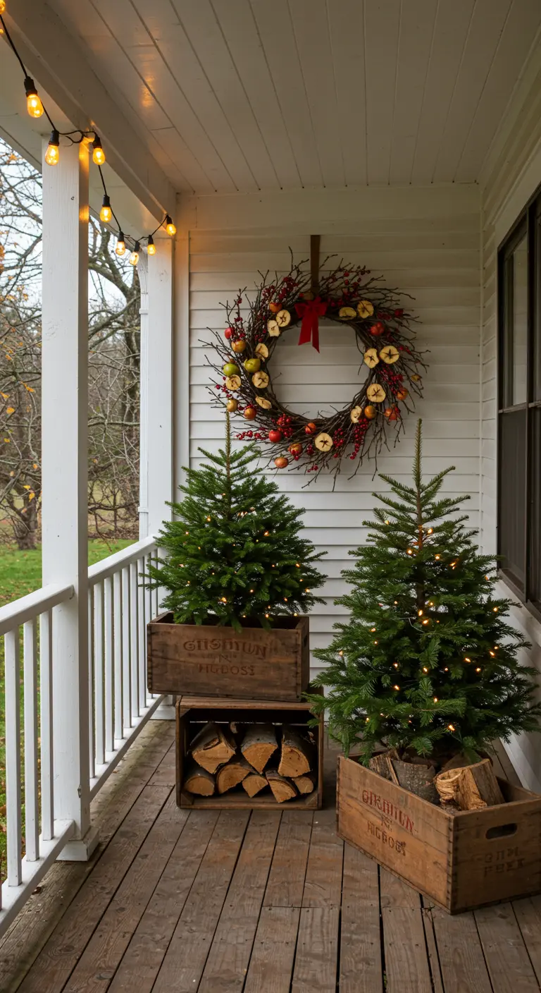 A rustic porch with a wreath made of apples and berries, and mini trees in stacked wooden crates.