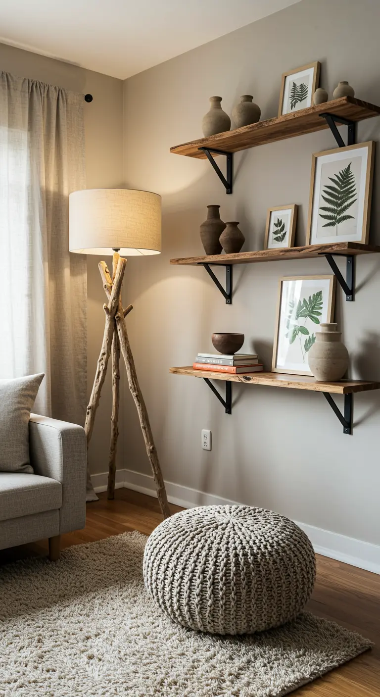 Rustic living room corner with raw wood shelves, a tripod lamp made of branches, and a knitted pouf.