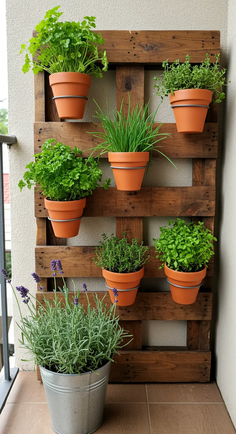 A stained wooden pallet mounted on a wall, repurposed as a vertical herb garden.