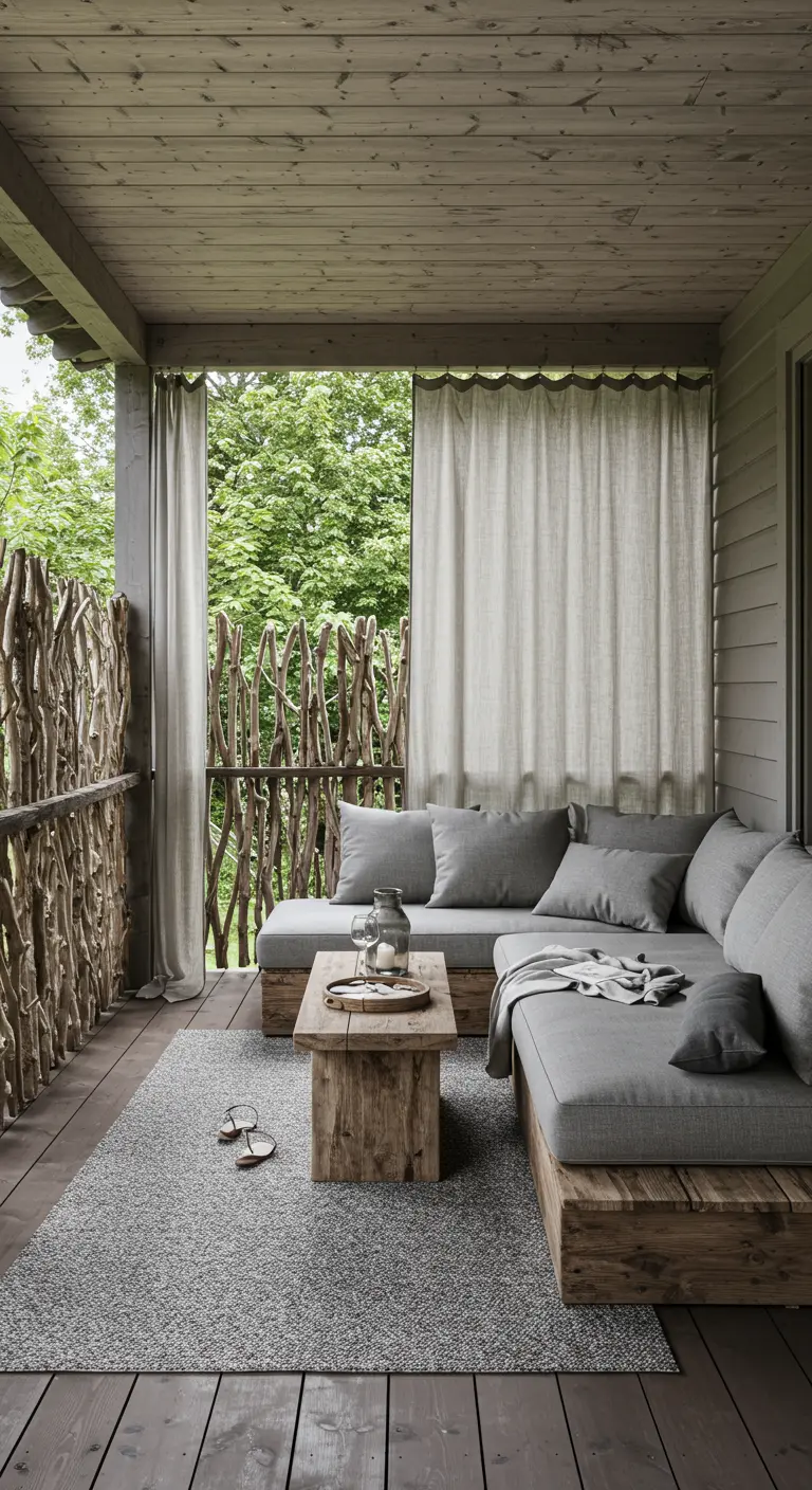 A covered porch with a unique driftwood branch railing and a cozy gray sectional sofa.