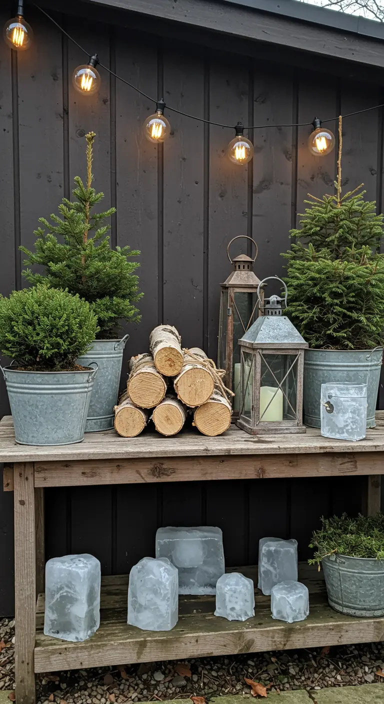 A rustic potting bench styled with potted evergreens, stacked logs, lanterns, and blocks of ice.
