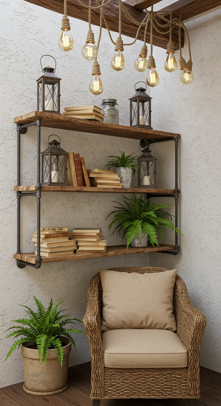 Cozy corner with a wicker chair and a three-tiered pipe shelf decorated with books, lanterns, and ferns.