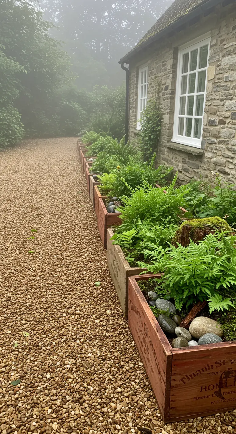 A long row of vintage wooden crates used as planters for ferns along a gravel path next to a stone house.