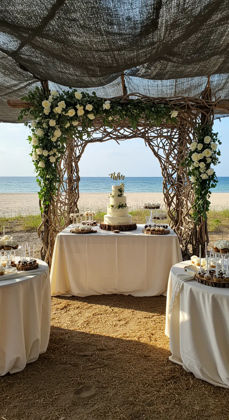 A beautiful arch made of twisted branches and white roses frames a cake table on the beach.