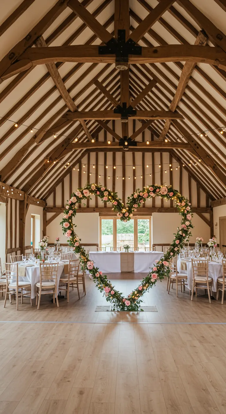 A floral heart arch in a rustic barn with exposed wood beams.