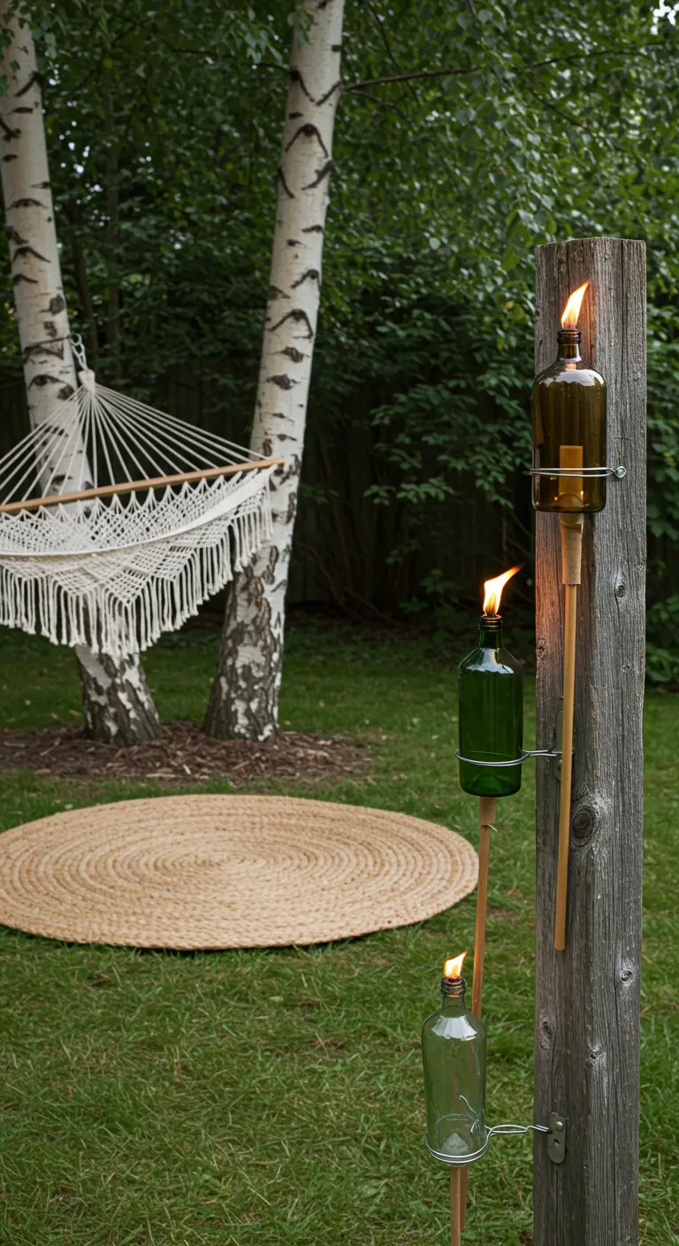 Three glass bottle torches mounted at different heights on a weathered wooden post in a garden.