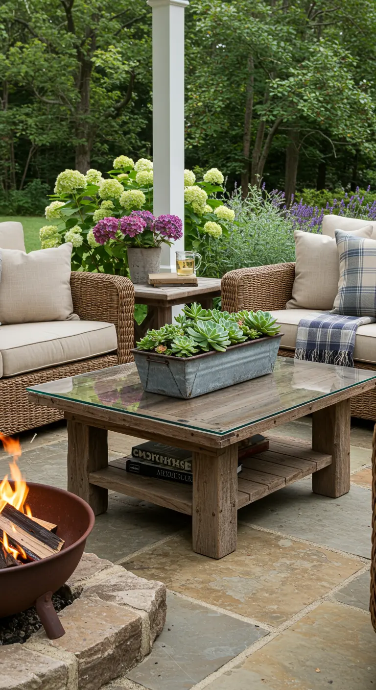 A rustic patio with a wooden coffee table featuring a galvanized trough filled with succulents.