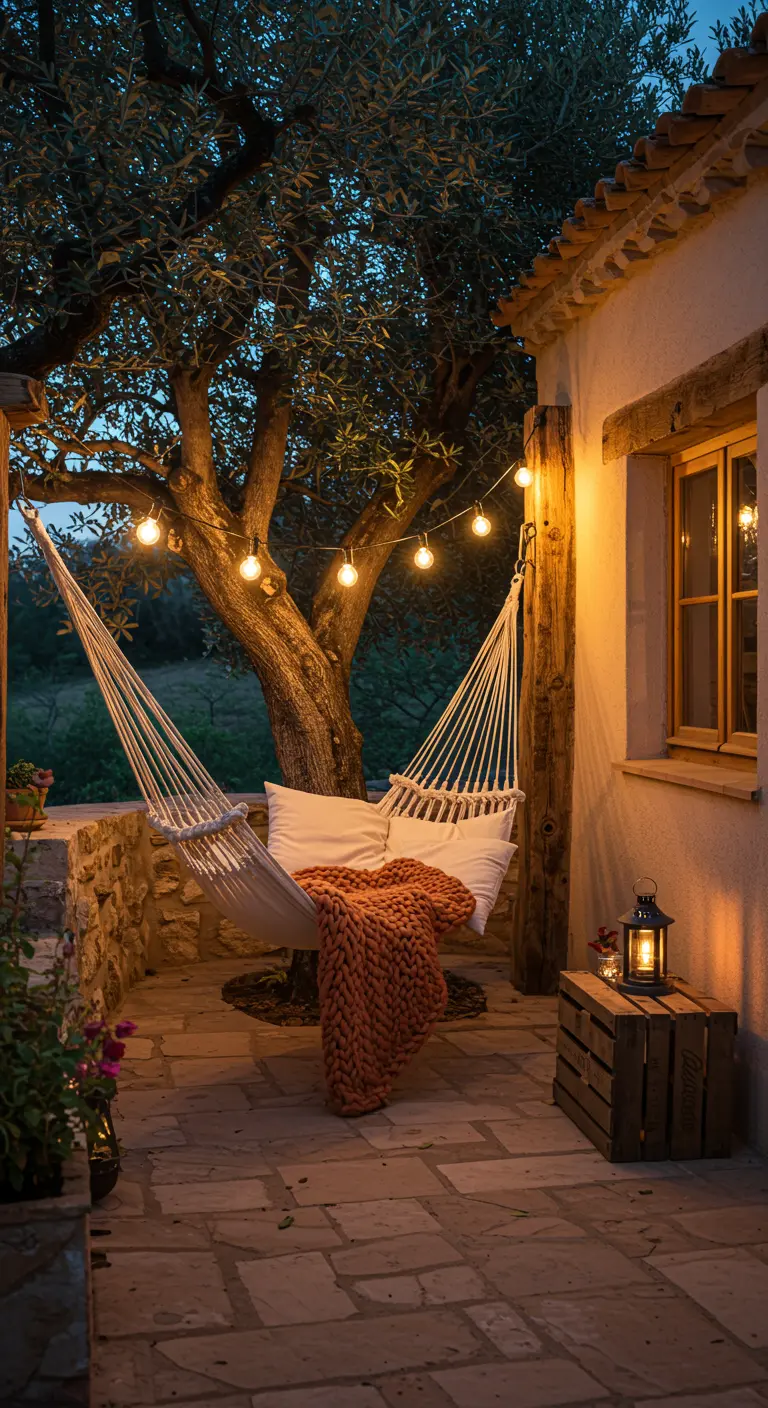 A hammock with a chunky orange blanket on a rustic stone patio under an olive tree.