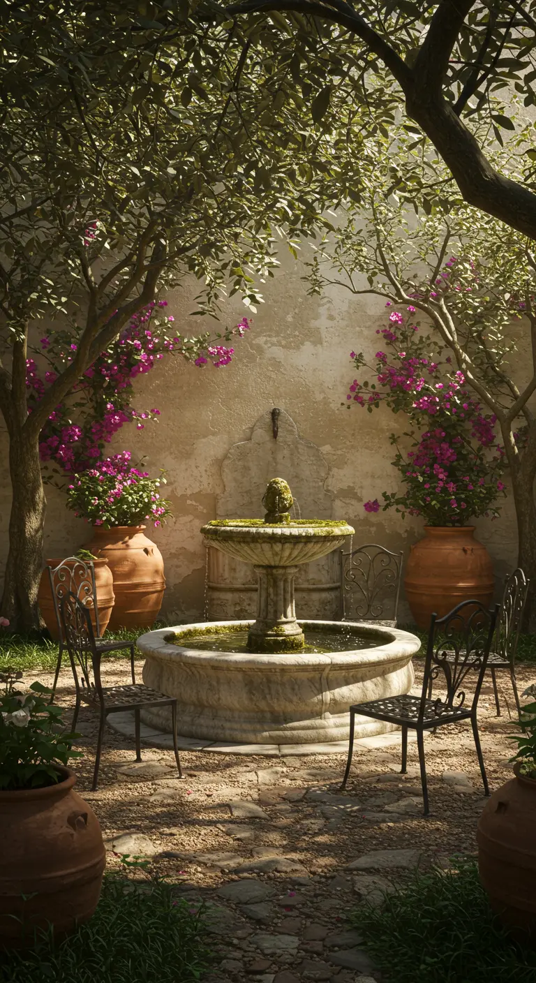 A rustic, moss-covered fountain is surrounded by wrought-iron chairs and olive trees.