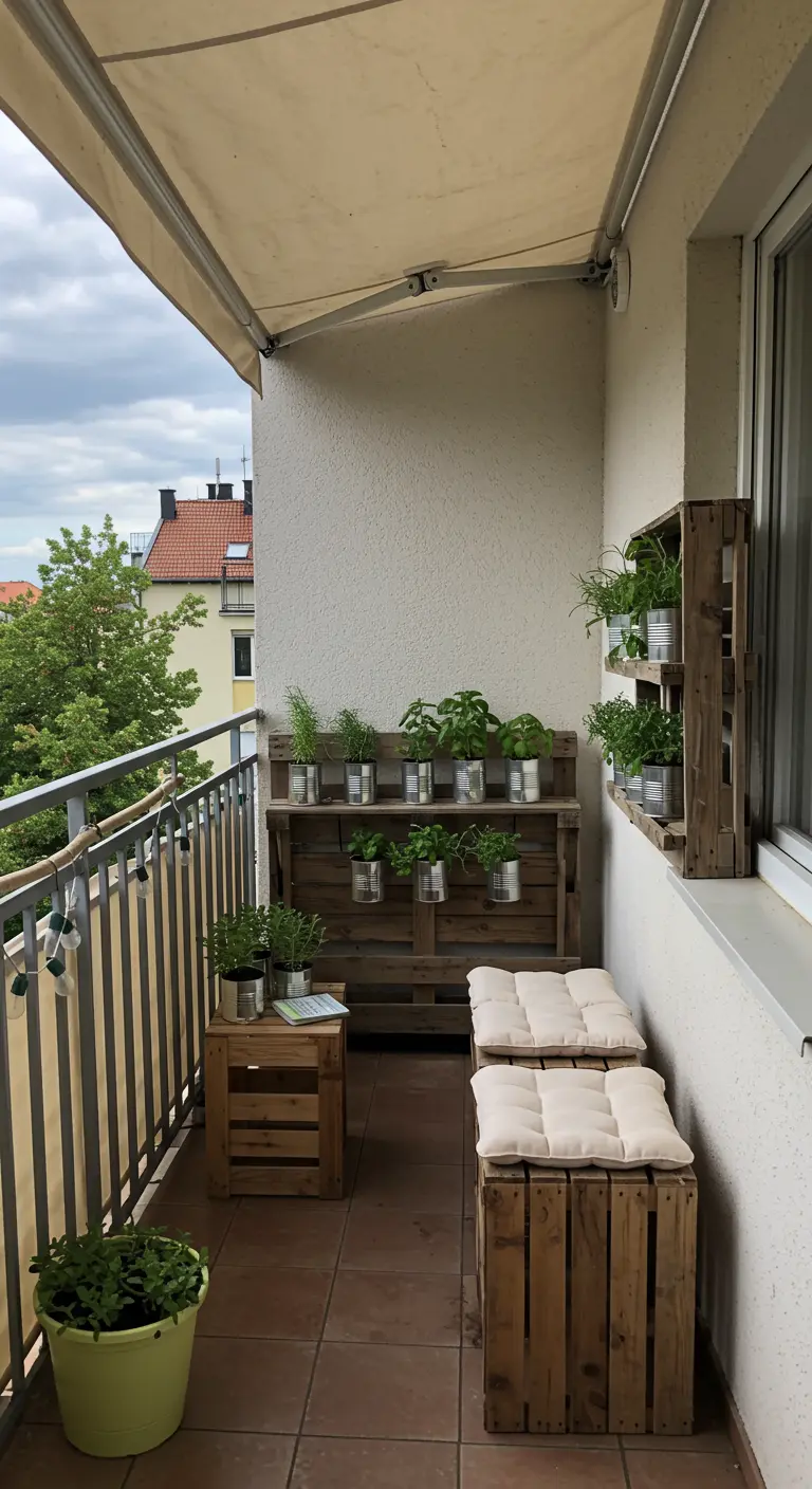A rustic balcony with furniture and planters made from wooden crates and pallets.