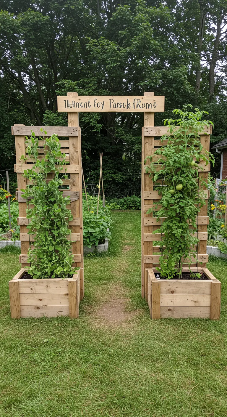 A garden entrance made from two pallet screens in planters, supporting pea and tomato vines.