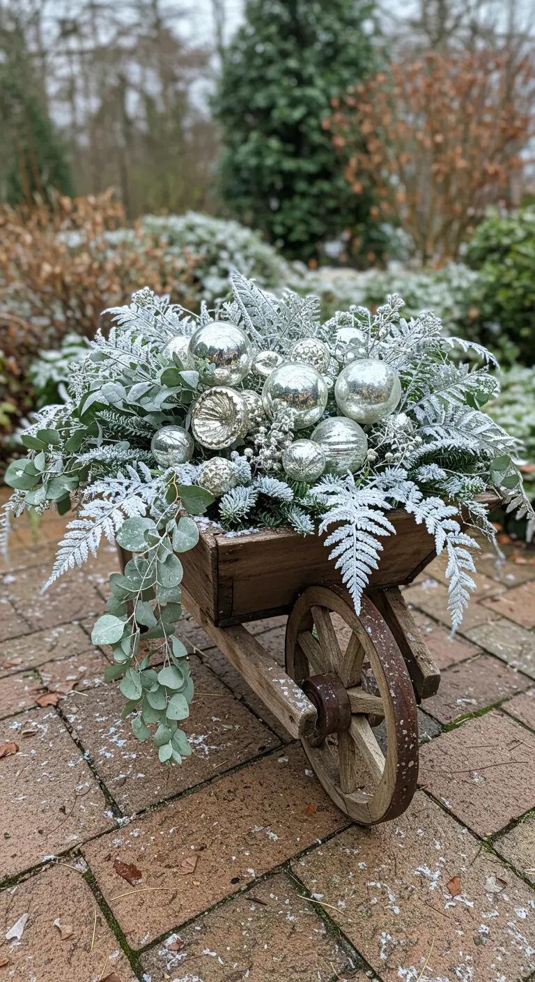 A rustic wooden wheelbarrow filled with silver baubles and frosted ferns.