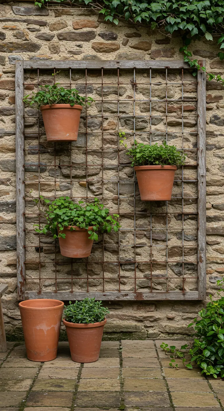 A rusty metal grid framed with weathered wood, holding terracotta pots on a stone wall.