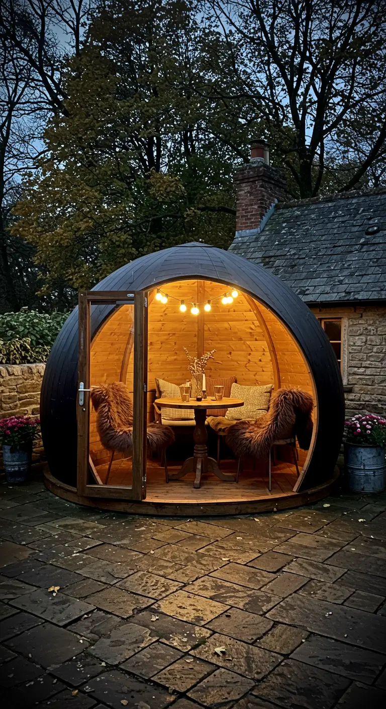 A dark wooden garden pod with a cozy dining setup inside on a stone patio.