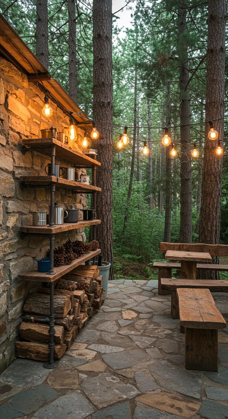 A pipe shelving unit built against a stone wall in the woods, holding firewood and camping mugs.