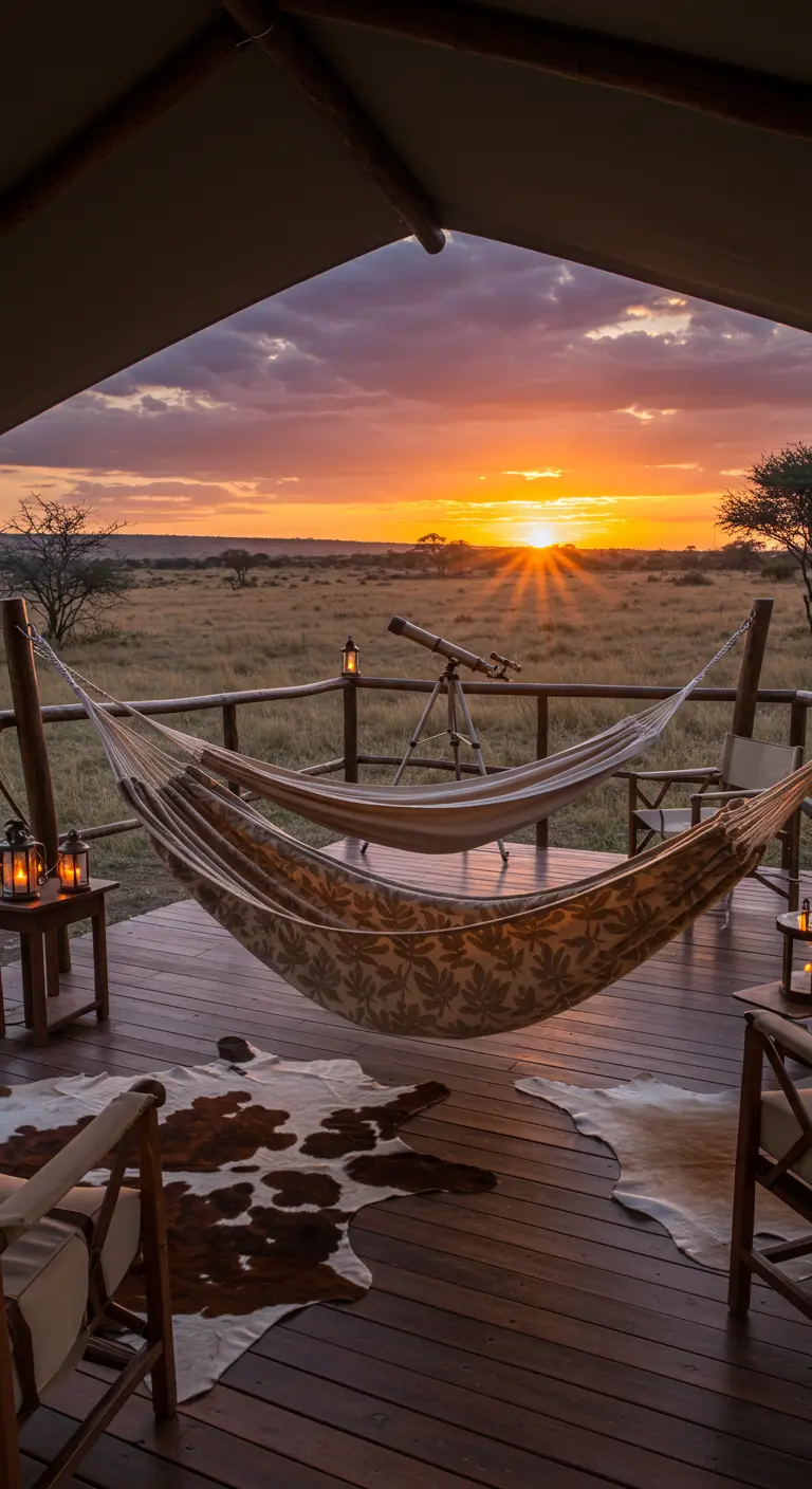 Two hammocks on a wooden safari deck overlooking a savanna at sunset, with a telescope.