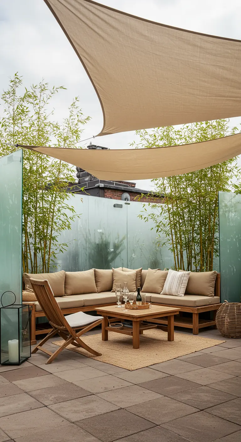 A beige sun sail stretched over a modern patio with teak furniture and bamboo.