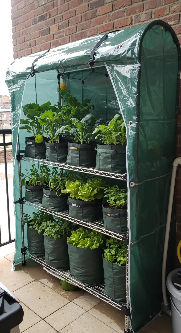 A sturdy balcony greenhouse with shelves holding fabric grow bags of leafy greens.