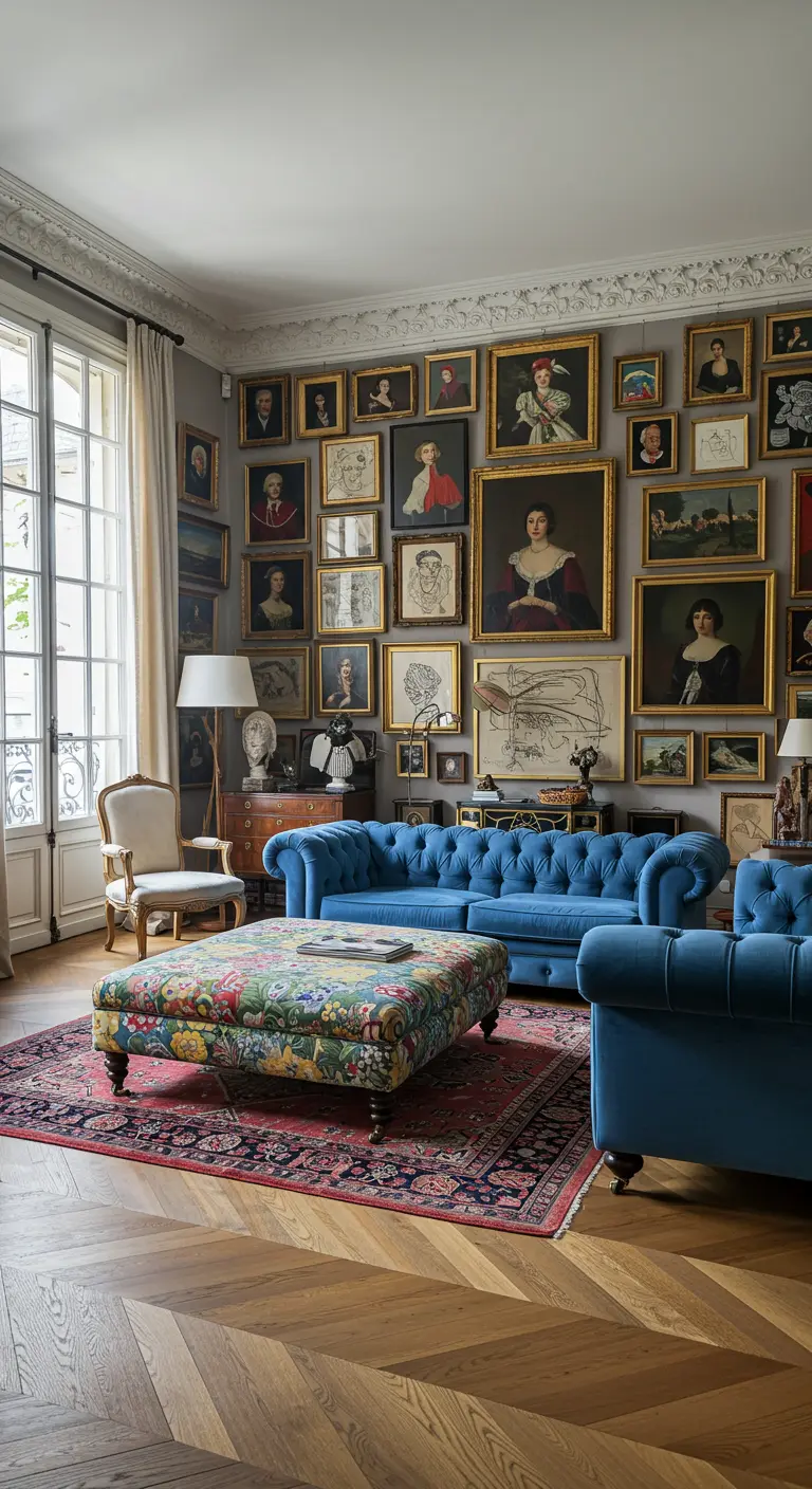 Parisian lounge with a blue Chesterfield, floral ottoman, and floor-to-ceiling salon-style gallery wall.