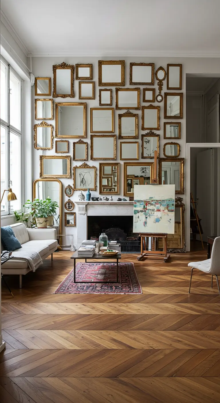Living room with a dense gallery wall of vintage gold mirrors above a fireplace.