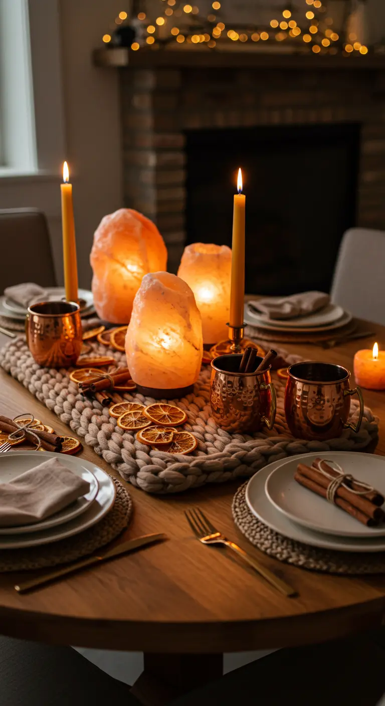 Table with a chunky knit runner, Himalayan salt lamps, and copper mugs.