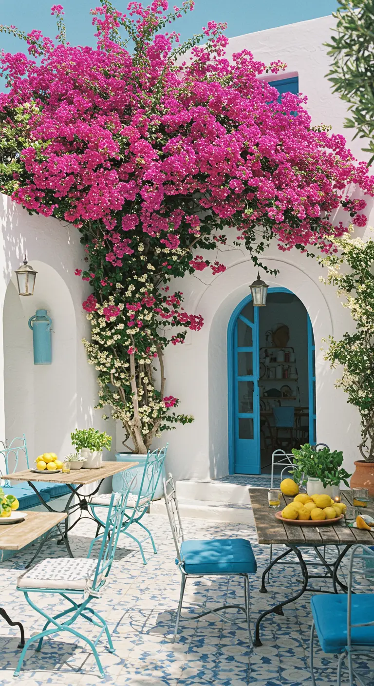 A beautiful white courtyard with a blue door, turquoise chairs, and bright pink bougainvillea.