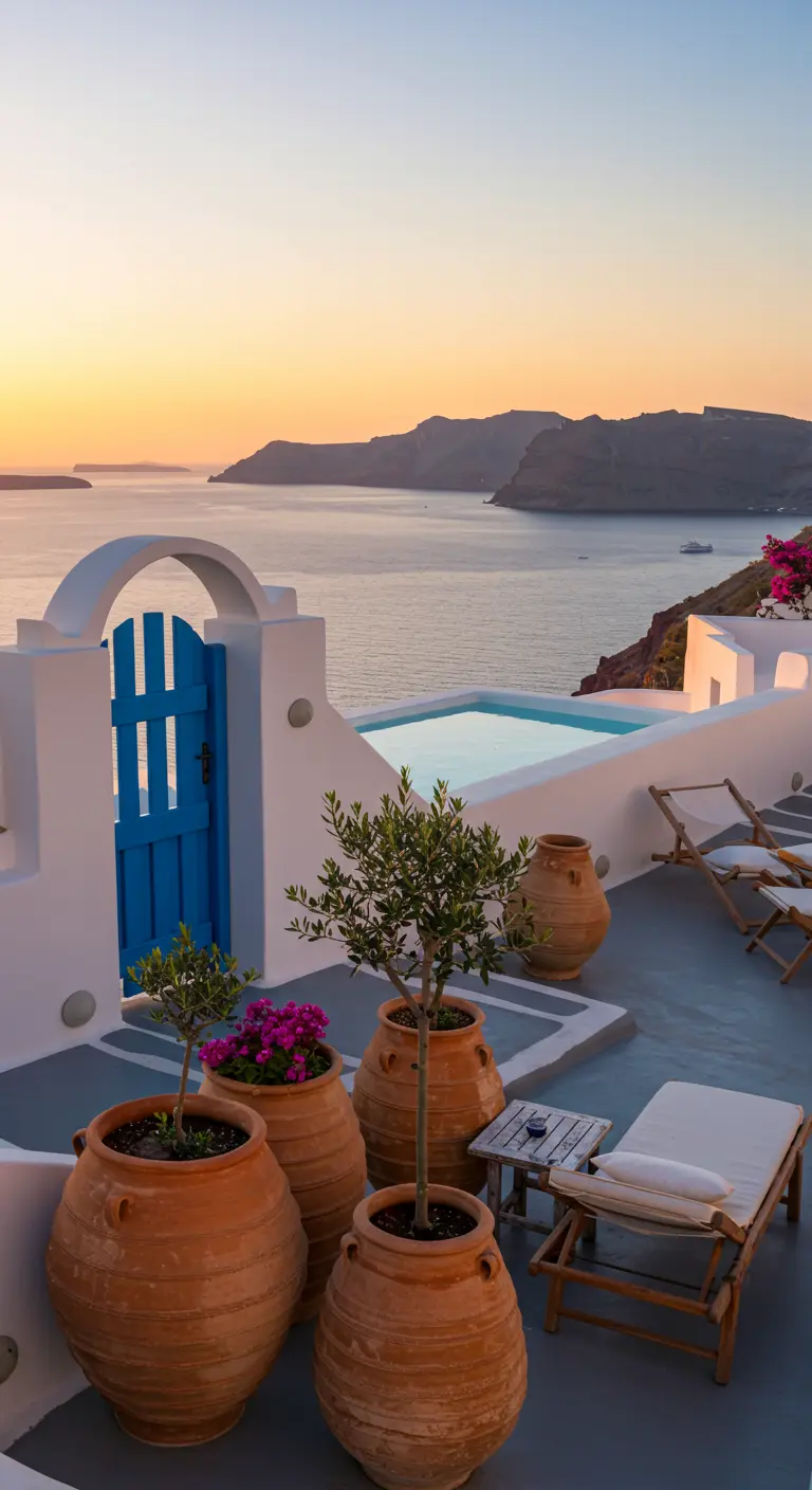A white terrace with terracotta pots overlooking the sea in Santorini at sunset.